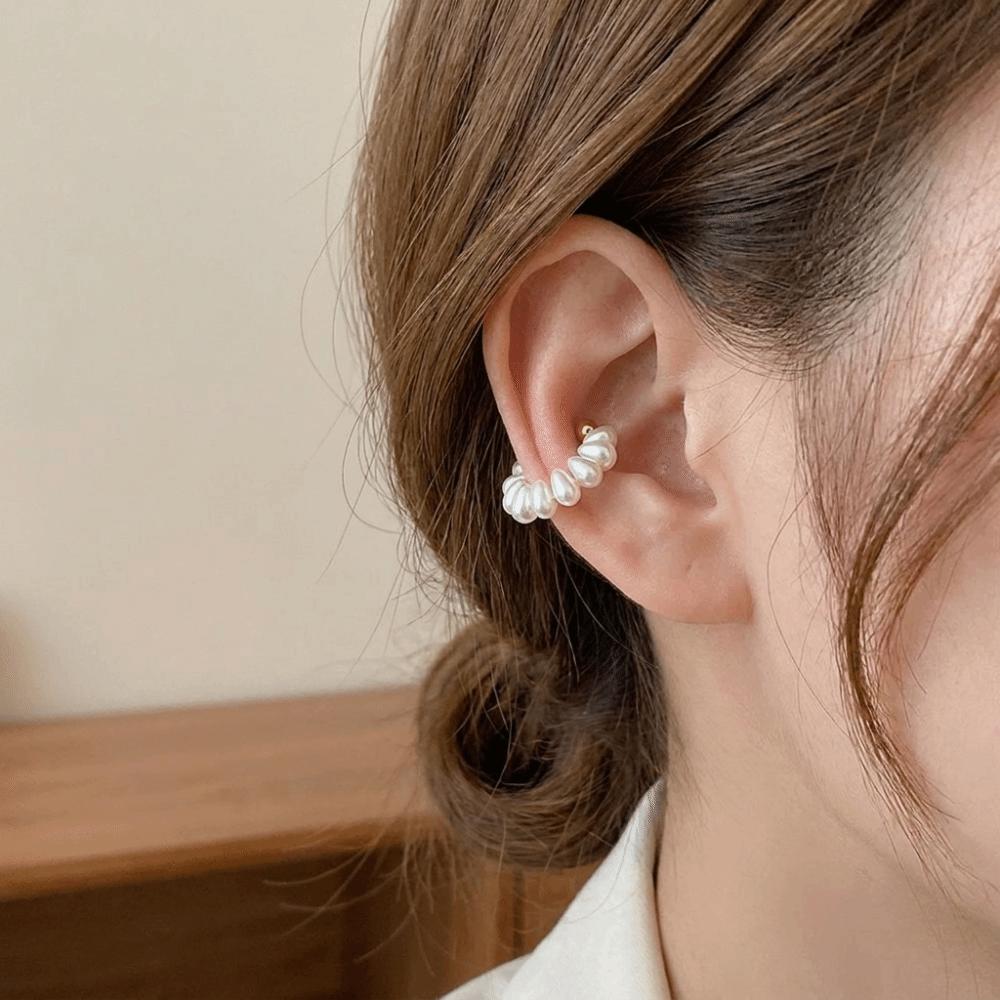 Metal C-shaped Ear Clip Imitation Pearl Fake Piercing Earrings Simple Gold Jewelry Daily