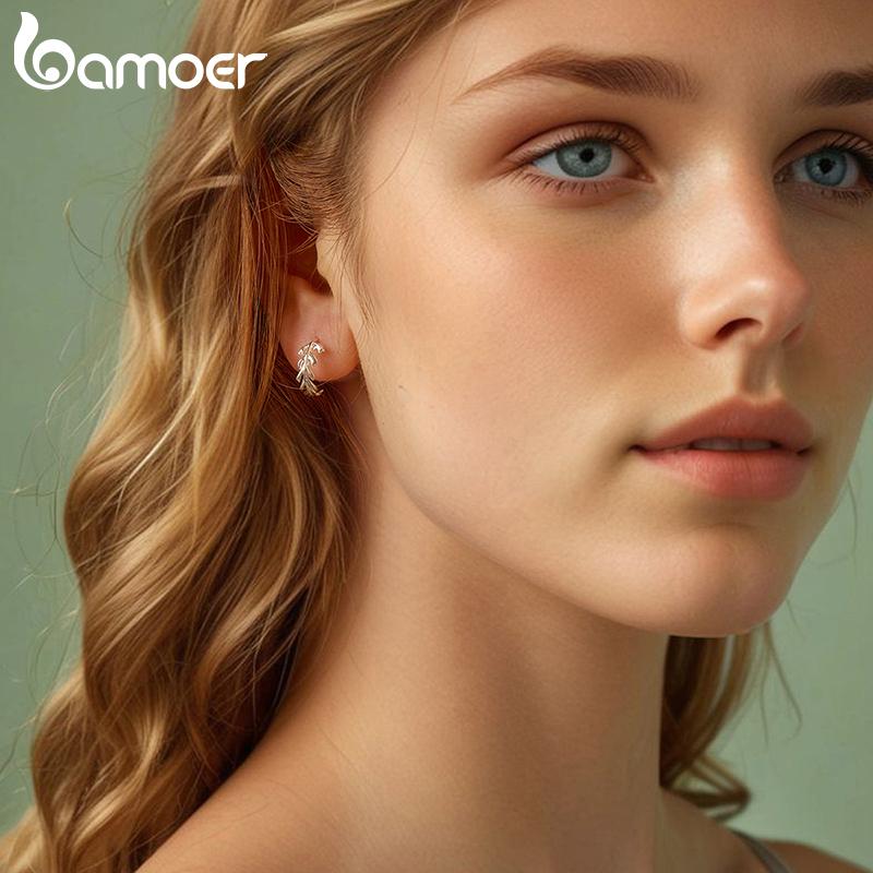 BAMOER Серьги-пусеты из цельного стерлингового серебра 925 пробы с нежным листиком - Гипоаллергенные минималистичные милые серьги-пусеты-хагги для женщин, изящные ювелирные изделия