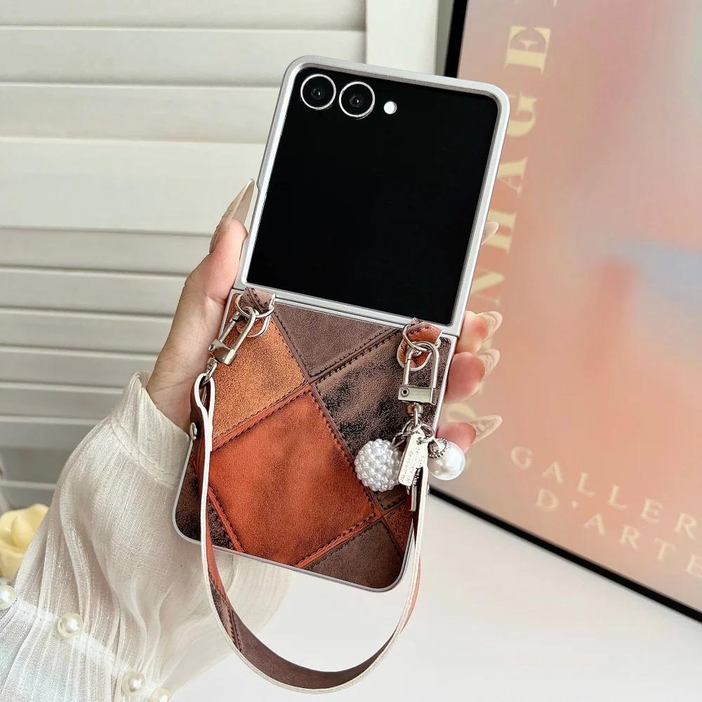 Fusion Business Sle Bla Color Collision Ремешок-браслет Кожаный чехол для телефона для Samsung Galaxy Z Flip 7 6 5 4 3 Защитная крышка