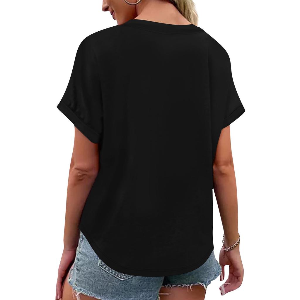 Women's Fashionable Casual Short Sleeved Solid Color V-neck Button Top