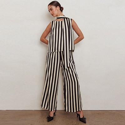 Летняя мода повседневные брюки в полоску с принтом комплекты женские рубашка с короткими рукавами + широкие брюки комплект из двух предметов женский