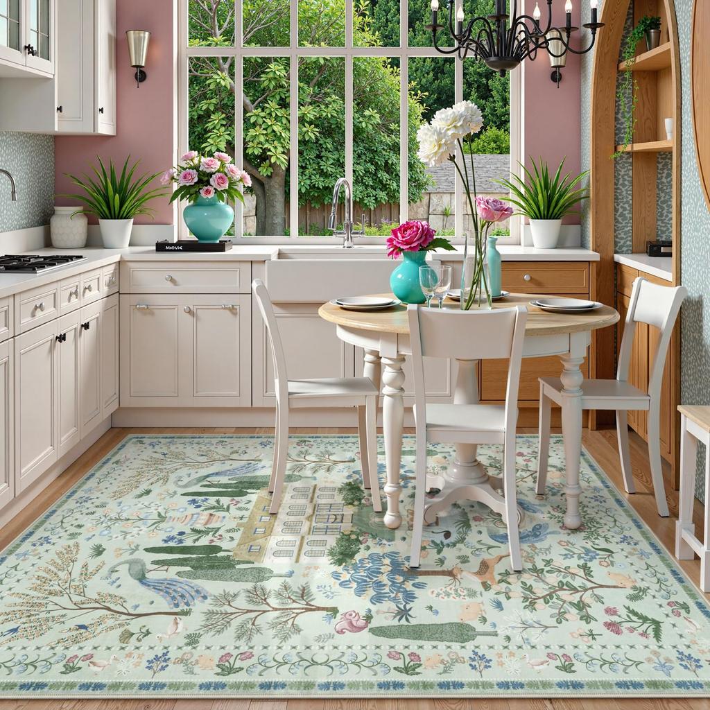 Botanical Bird Print Area Rug – Fresh Nature-Inspired Living Room Carpet, Non-Slip Stain Resistant Easy-Care Bedroom Bedside