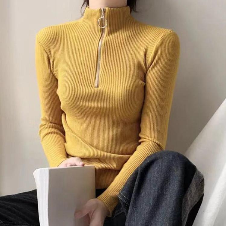 Spring Autumn Knitted Half Turtleneck Long Sleeve Slim Jumper Tops Women Sweater Pullover Solid Zipper Ladies Casual Sweaters