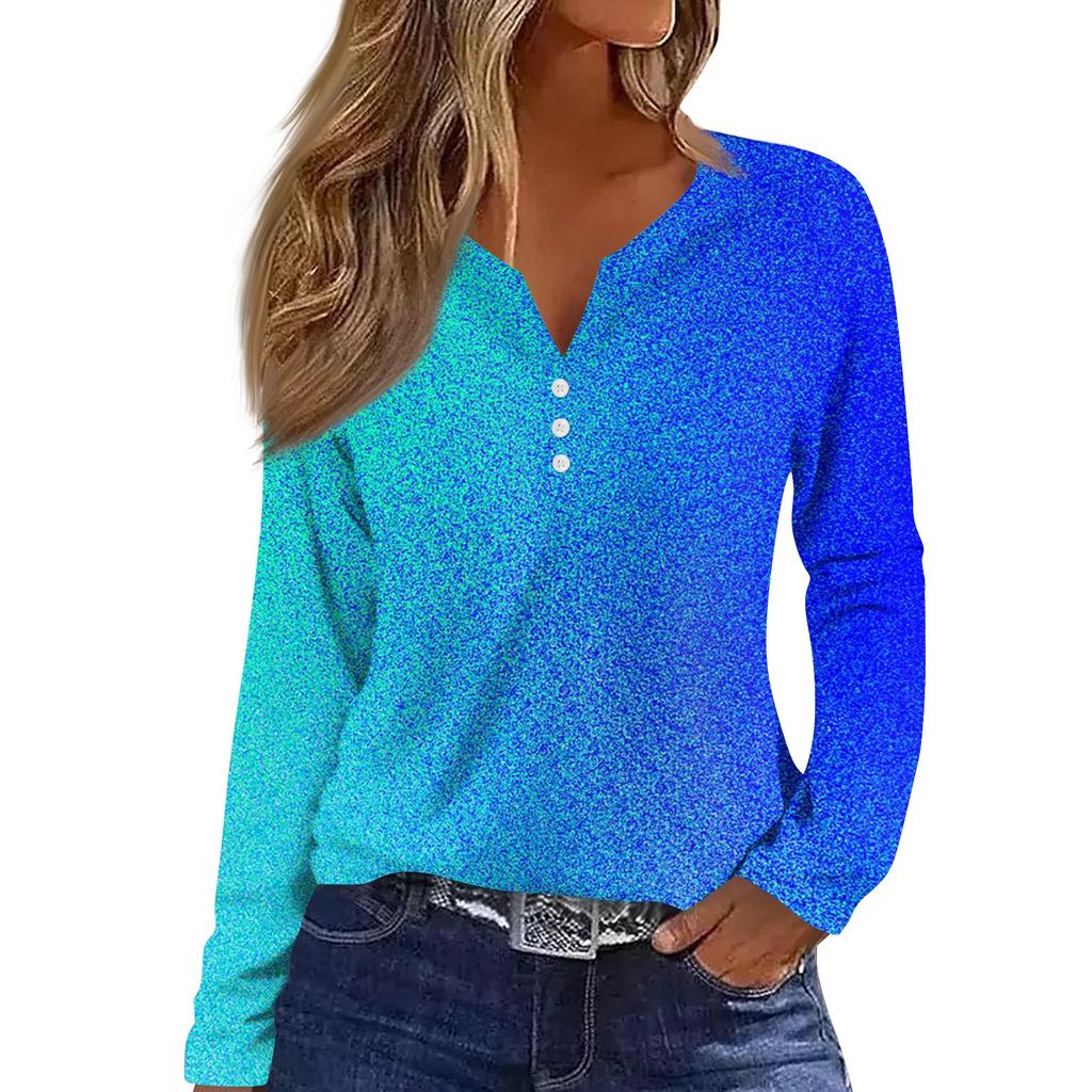 Женская модная повседневная футболка с v-образным вырезом и длинным рукавом с принтом на пуговицах, топы