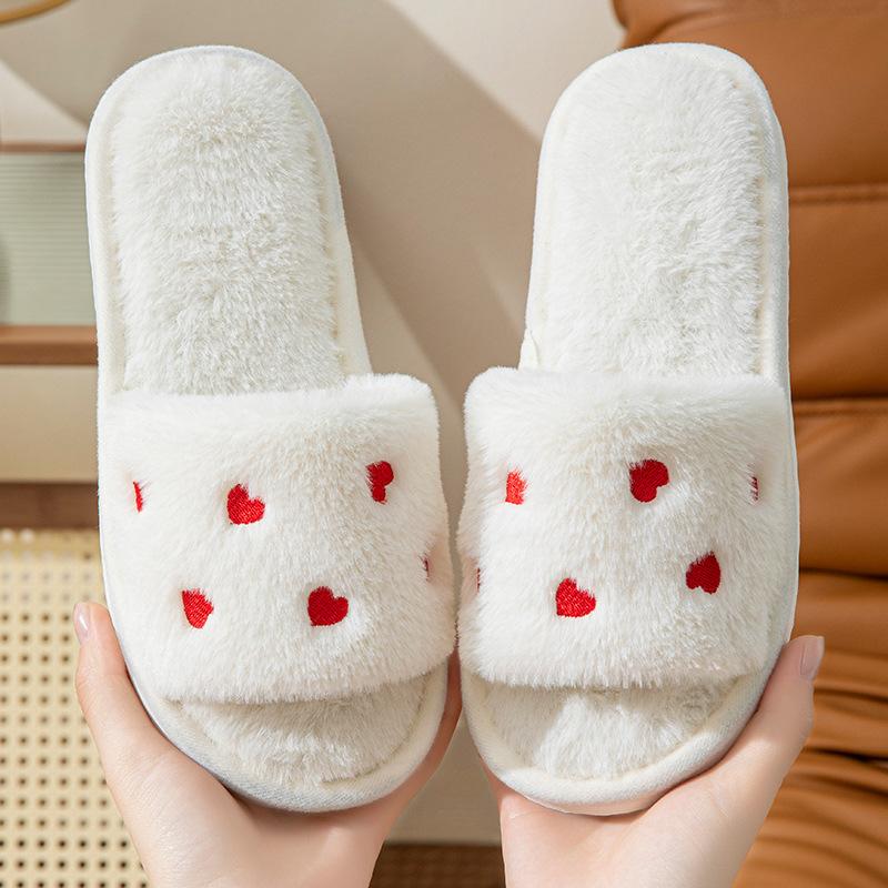 Cotton Slippers Women, Love Home Indoor Non Slip Open Toe Slippers, Plush Slippers Women