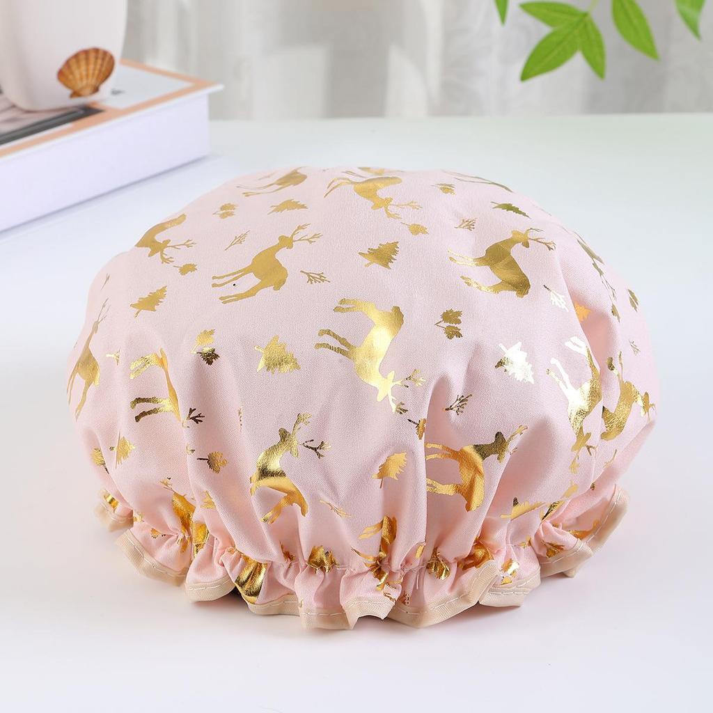 Двухслойная шапочка для душа Водонепроницаемая шапочка для волос Полиэстер-хлопок с принтом и золотым тиснением Шапочка для душа PEVA Женский стиль для купания и принятия ванны