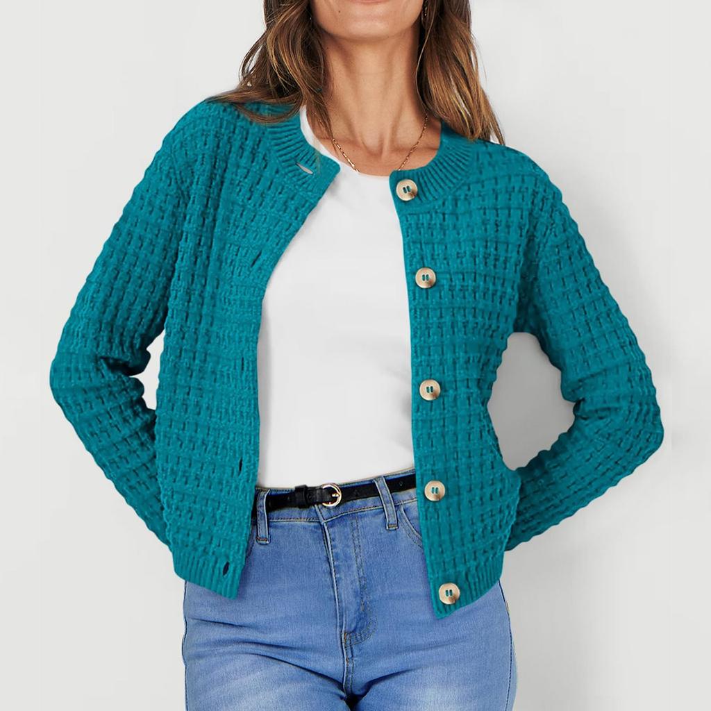 Women's Fashionable Solid Color Long Sleeved Button Knit Cardigan Casual Sweater Jacket