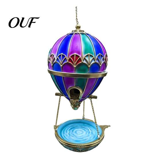 Outdoor Bird Water Station Stained Glass Hot Air Balloon Feeder Fountain, Hanging with Fountain Iridescent Garden Accent Tray, Vintage Bronze