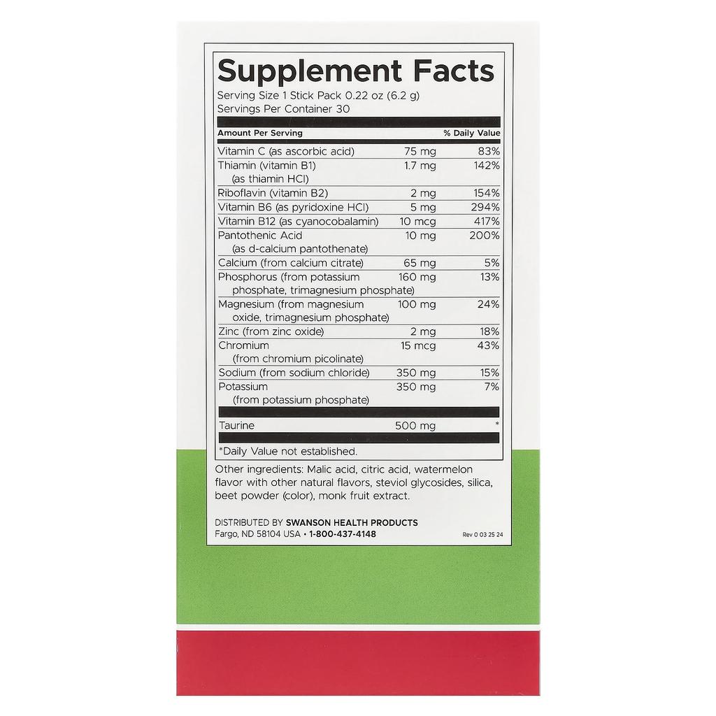 Swanson, Simply Hydrate, Electrolyte Hydration Mix, Watermelon Flavor, 30 Stick Packs, 0.22 oz (6.2 g) Each