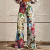 Wide Leg Flare Jeans For Women With Pockets Baggy Pants Vintage Floral Print High Waisted Loose Pant
