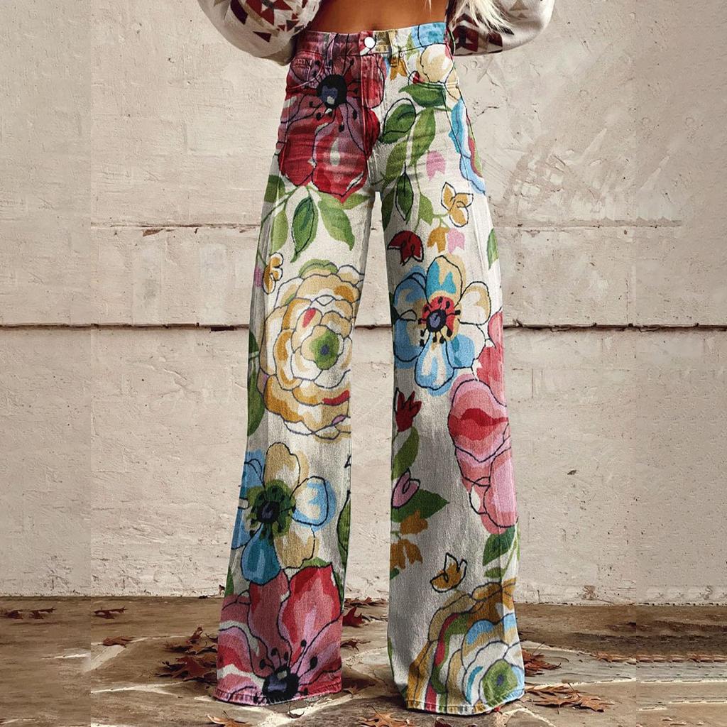 Wide Leg Flare Jeans For Women With Pockets Baggy Pants Vintage Floral Print High Waisted Loose Pant
