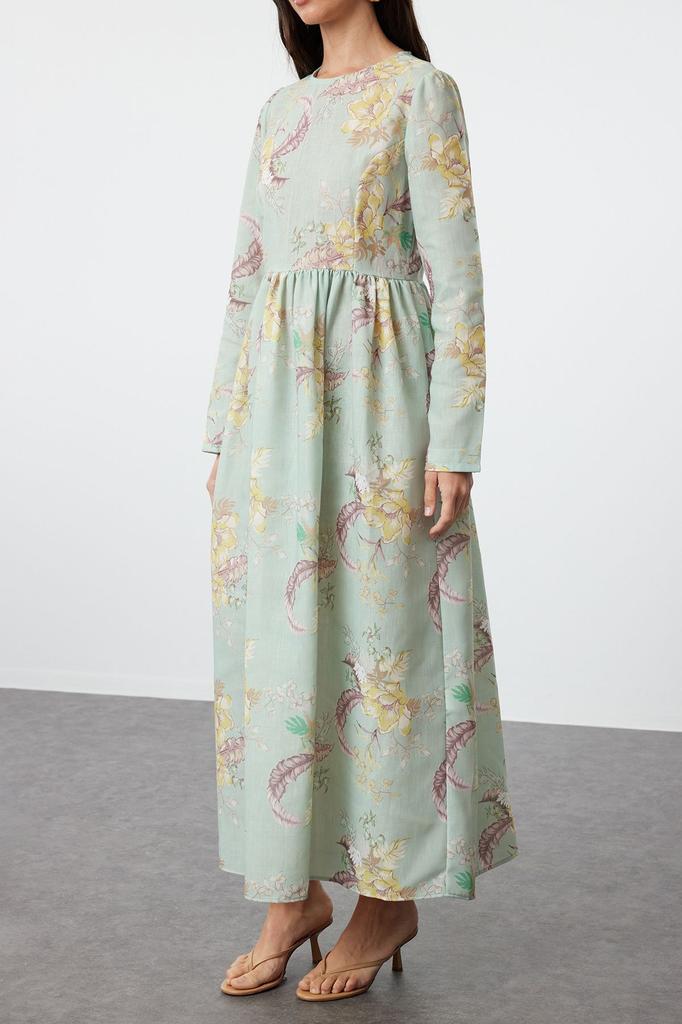 Women's Style Hijab Dress Mint Floral Linen Look Woven Dress