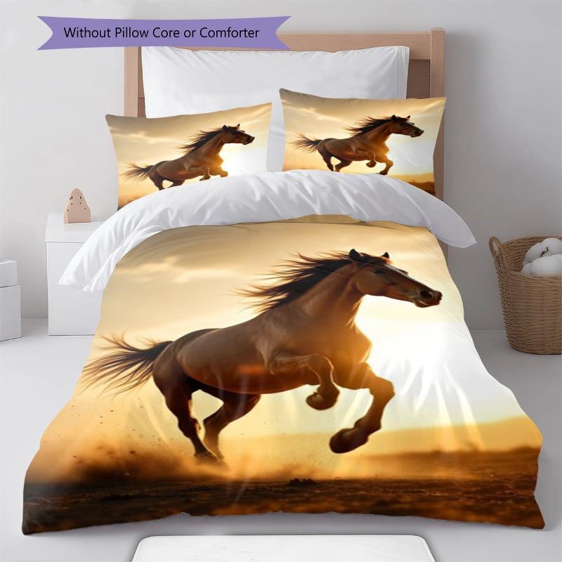 Galloping Brown Horse Golden Sunset Prairie Print 3 Pieces Duvet Cover Set Wildlife Animal Bedding Bedroom Home Decor Without Pillow Core Comforter