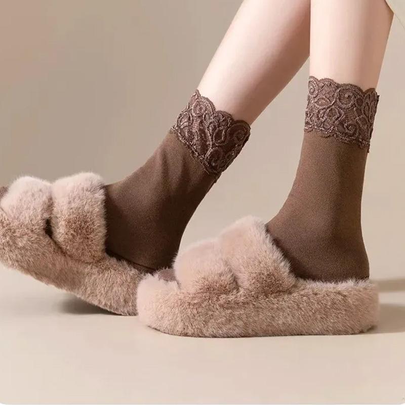 1Pair Snow Socks Keep Warm Thicken Self-heating Cotton Winter Fleece-lined Socks Lace