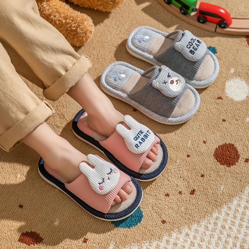 Spring and Autumn Children's Linen Slippers Women's Four Seasons Household Soft Bottom Baby Slippers Cartoon Dinosaur Parent-Child Children's Slip