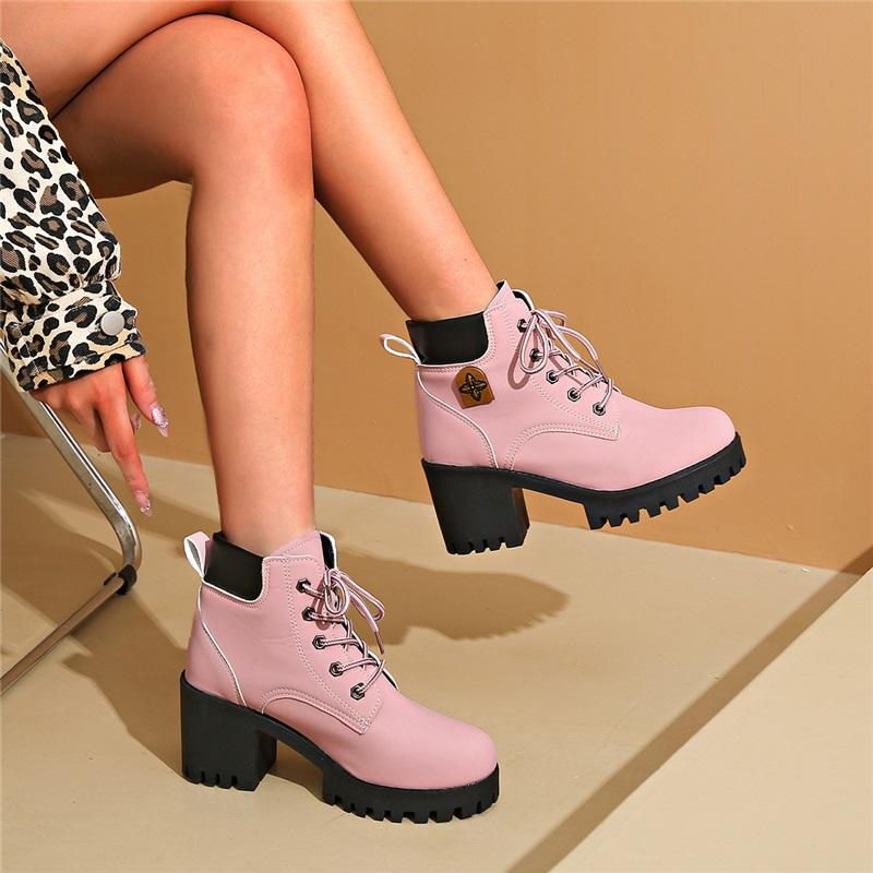 Women Plus Size Waterproof Martin Boots Autumn High Block Heel Platform Office Shoes