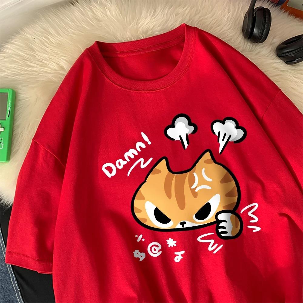 The Angry Cat Printed Roundneck and Womens Top Clothing 2025 New Fashion Summer Women Clothing Cartoon Ladies Graphic TShirt