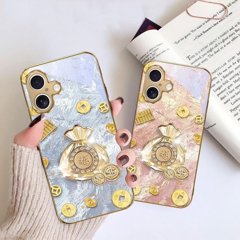 Счастливый мешок благословений Для iPhone 17 Pro Max 16 16E 15 14 13 Plus 12 mini 11 15Pro 17 Air XR X 17ProMax Золотой стеклянный чехол для телефона