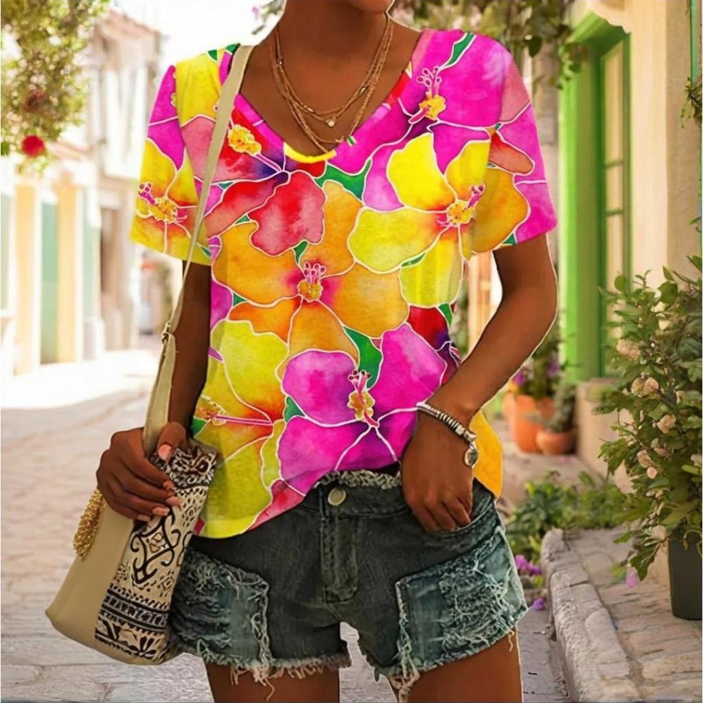 Женская футболка с V-образным вырезом, повседневные модные топы с коротким рукавом, цветочные принты, большие размеры, свободная женская одежда, футболка для активного отдыха