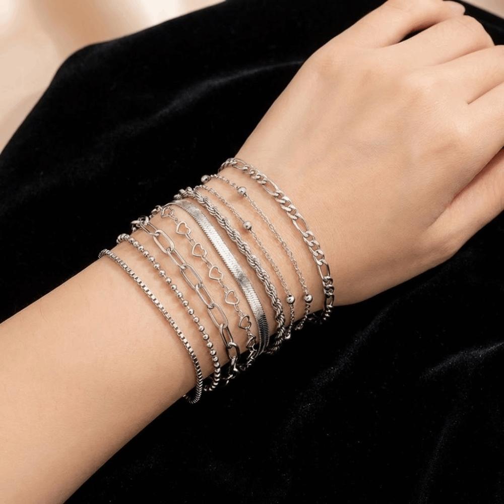 10Pcs/set Vintage Style Snake Chain Bracelet Flat Chain Multi-layer Bracelet  Casual Wear