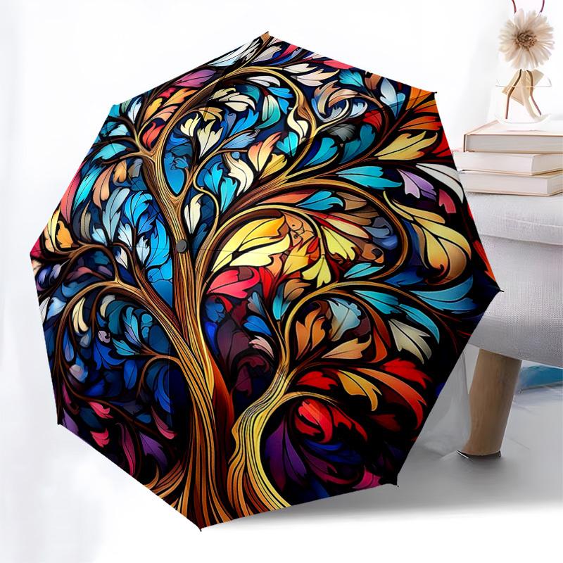 1pc Stained Glass Snowman Design Automatic Opening Folding Umbrella with 3-Fold Design, 8-Bone Iron Frame, Outdoor, Festive Gift for Fans, Travelers,