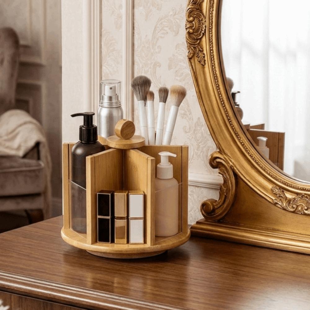 Bamboo Rotating Cosmetic Storage Box Large Capacity Makeup Organizer Bathroom