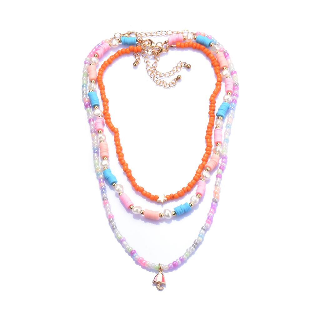 Hand-Woven Three-Layer Colored Rice Bead Flower Necklace Exaggerated Bohemian Beads Stacked Collarbone Chain