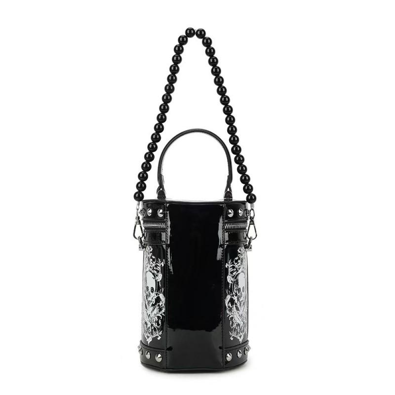 Gothic Skull Pearl Chain Handbag Small PU Cylinder Shoulder Crossbody Bag Daily Outfits