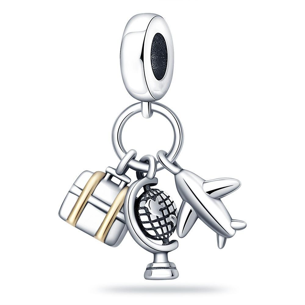 S925 Silver Travel Theme Airplane Luggage Camera Charm Bead DIY Jewelry Bracelet Accessory Set
