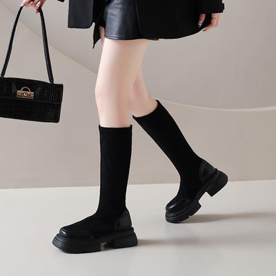Сапоги 2025 осень новые тонкие сапоги на толстой подошве женские сапоги-рукава универсальные модные простые на толстом каблуке эластичные сапоги