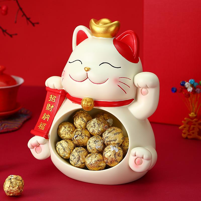 Lucky Cat Storage Tray Statue Resin Sculpture Sundries Candy Storage Box Fortune Cat Figurine Key Holder Living Room Home Decor