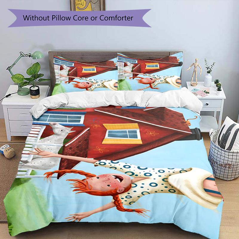 Pippi Girl Near House. Bedding Set,Breathable Duvet Cover with Pillowcases,Soft Bed Linen for Bedroom Home Decoration,Perfect Festival Birth