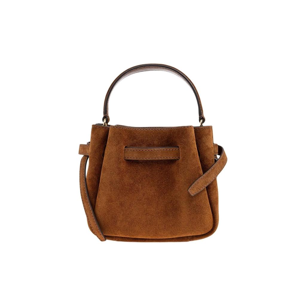 TORY BURCH Romy Gold Logo Bucket Bag Cowhide Leather Shoulder and Handbag Mini Women Caramel Color