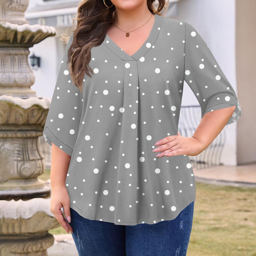Women's Fashion Large Size Print V-Neck Three-quarter Sleeve Top