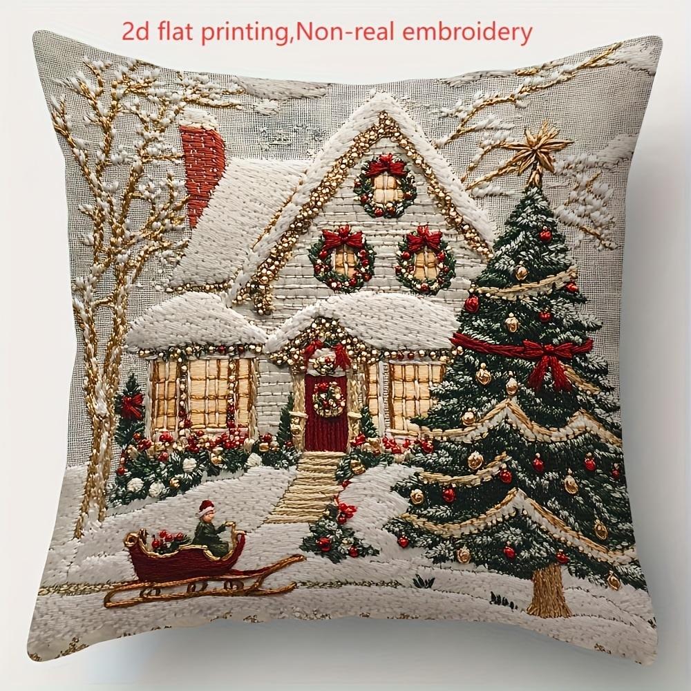 Christmas Pillowcase, Cute Cartoon Imitation Embroidery Linen Print Sofa Pillow Cover, Festival Decoration, Festival Gift (Pillow Insert Not Included)