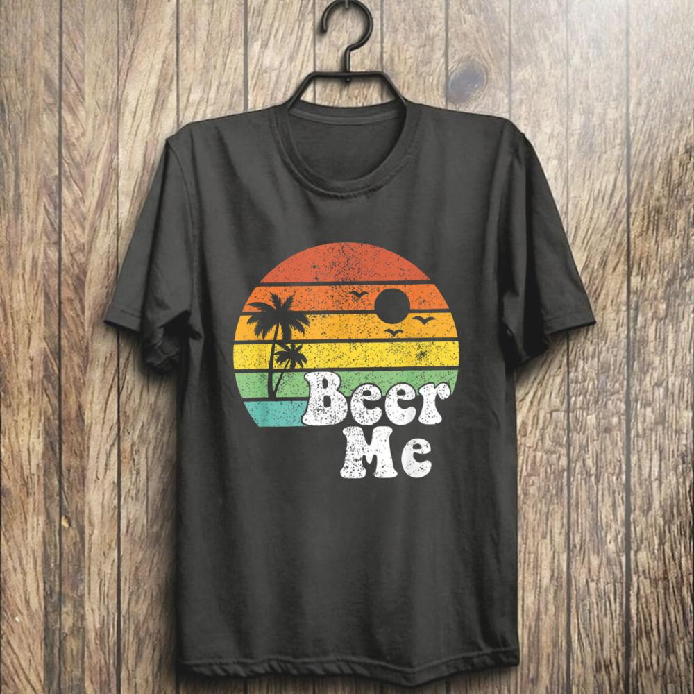 Beer Me Retro Sunset Graphic Tee Tropical Palm Holiday Drinking Unisex Unisex Cotton Casual Shirt Funny Beer Tee Alcohol Shirt