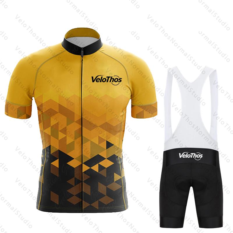 VeloThos Cycling Jersey Set Short Sleeve and Bib Shorts Pro Race Bicycle Clothing Ropa Maillot Summer for Men Sport Camping