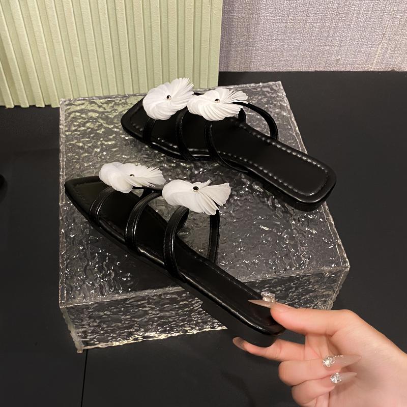 Fashion Aphixta Women Flat With Slides White Flower Dec Woman Slippers Summer Beach Square Toe Casual Shoes Woman 2025 Trend Shoes