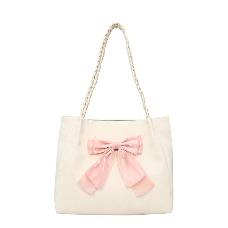 Fashion Cute Chic Pink Bowknot Tote Bag Female Soft PU Leather Ladies Large Handbag Korean Commuter Shoulder Bags Novelty Purse