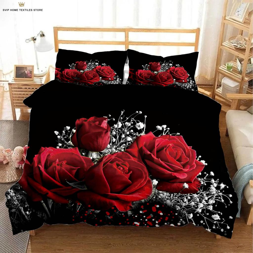 День святого Валентина Ретро Красная роза Сердце Принт Пододеяльник Постельное белье Текстильное одеяло Чехол Наволочка Машинная стирка 3 шт.