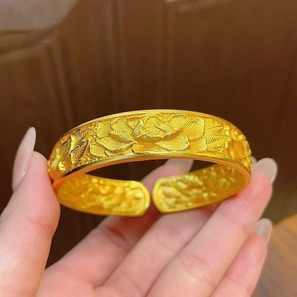 Peony Flower Chinese Style Bangle Opening Wrist Jewelry Exquisite Golden Bracelets Festival Gifts