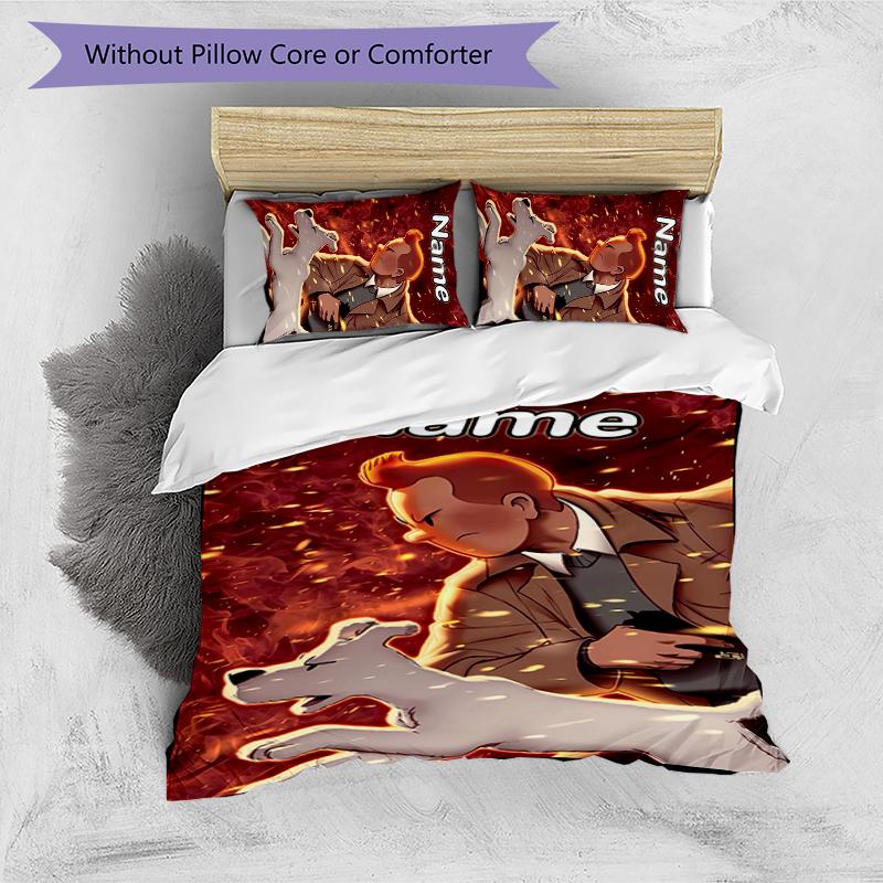 3pcs Custom Name The Adventures of Tintin Bedding Set Duvet Cover Closure Includes 1 Duvet Cover & 2 Pillowcases for All Seasons Bedroom Decor