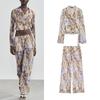 Принт Шелковая Сетка Длинные Рукава Двубортный V-образный Вырез Топы 5039137 Шелковая Сетка Полупрозрачные Брюки с Завышенной Талией 5039138