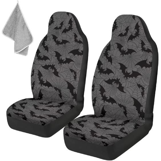 Gothic Skull Car Seat Covers Highback Bucket Seat Cover Universal Front Bucket Seat Cover,2pcs Universal Fit, Halloween Bat Auto Accessories