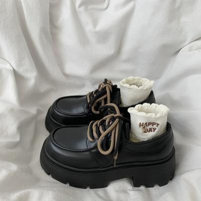 Толстый каблук, толстая подошва, повышенная шнуровка, черные кожаные туфли, женские универсальные туфли в британском стиле в стиле ретро