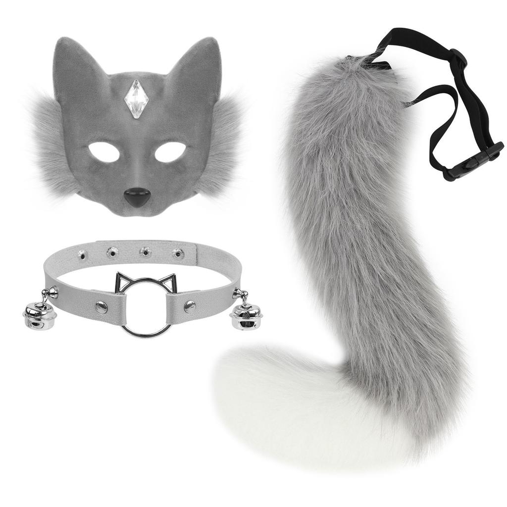 Halloween Fox Tail Collar Set Masquerade Half-Face Fox Mask Halloween Accessories cos Props