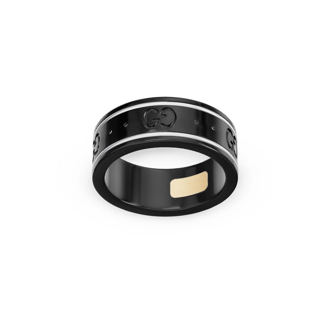 Gucci Icon Series Narrow European Style Glossy White 18K Gold Ring Men rings Black 225985-I19A1-8061