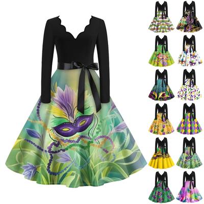 Женское повседневное модное платье с V-образным вырезом и длинным рукавом с принтом в винтажном стиле