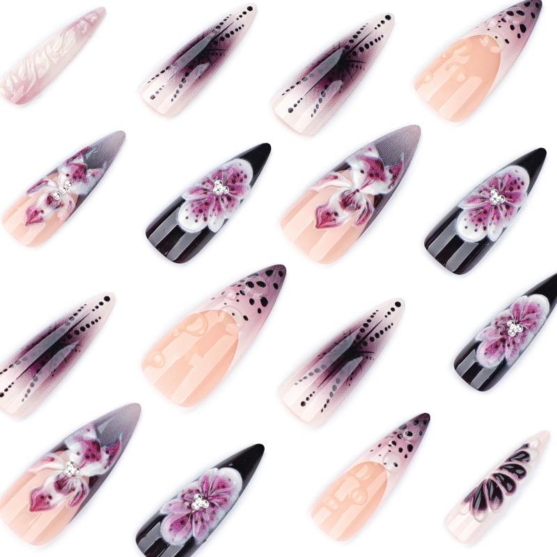 European and American foreign trade 3D floral press on nails, long almond French style. Hot-selling finished false nails for wholesale.