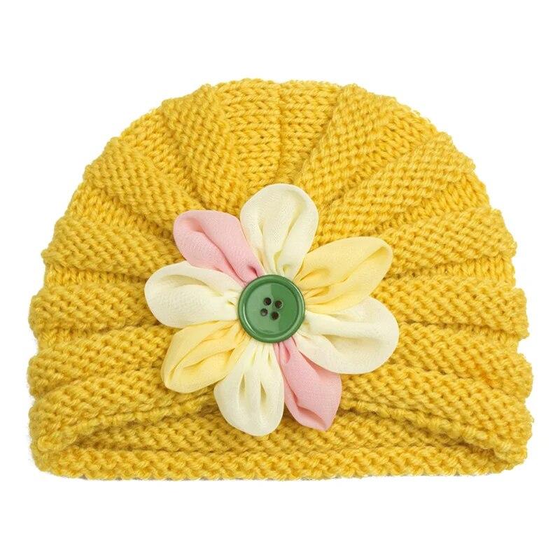 Вязаная детская шапка с пуговицами и цветком для мальчиков и девочек, осенне-зимняя теплая толстая мягкая шапочка, милая шерстяная шапочка для новорожденных малышей